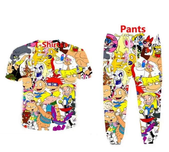 Groothandel - 2022 Nieuwe Mode Casual Cartoon 90s 3D All Overdruk Trainingspakken T-shirt + Joggers Broek Pak Dames Mannen @ 016