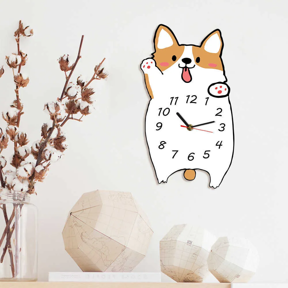 Baby Kid Bedroom Decor Corgi Dog Wall Clock Welsh Corgi Portrait Watch Pet Shop Quartz Quiet Print Morden Design Wall Art Decor 210930