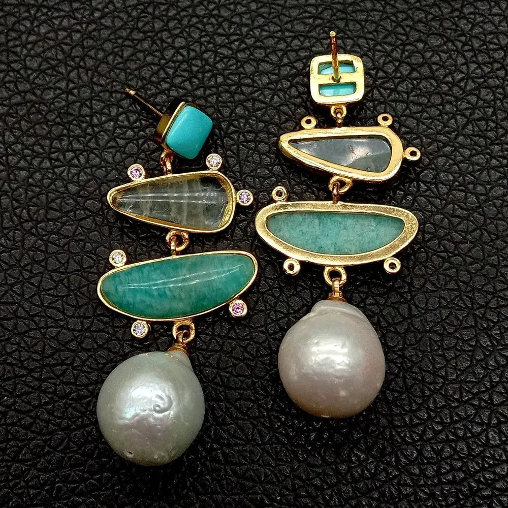 Yygem brincos geométricos naturais turquesa ite prehnite branco pérola brincos cheios de ouro estilo escritório para mulheres 1282342