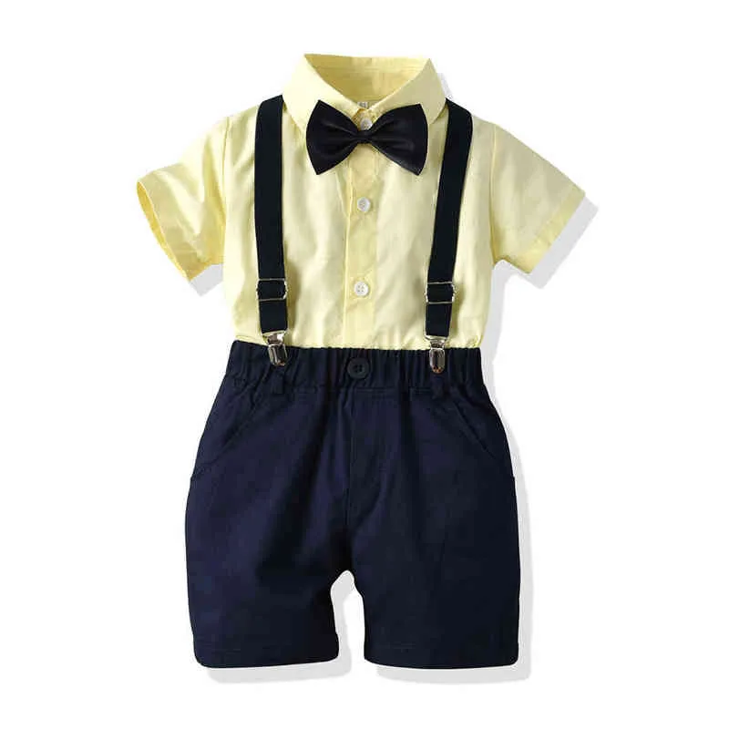 Üst ve Üst Marka Erkek Giysileri Set Rahat Papyon Kısa Kollu Gömlek + Askı Pantolon Çocuklar 2 adet Suit Düğün Parti Giyim G220310