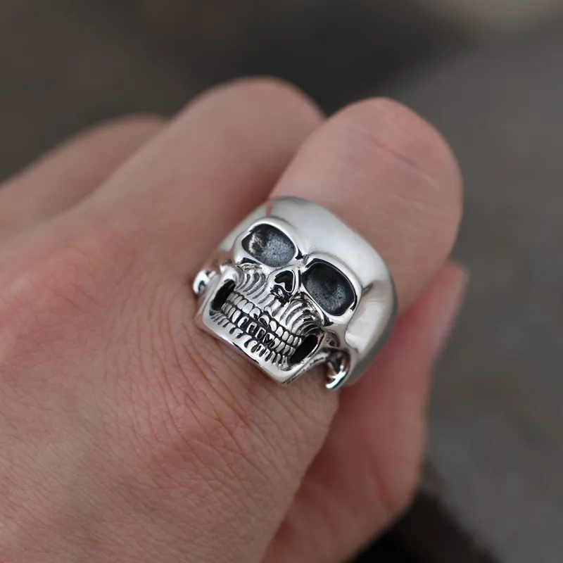 Apinje S925 Sterling Silver for Men Hip Hop Rock Ring Skeleton Biker Men Jewelry