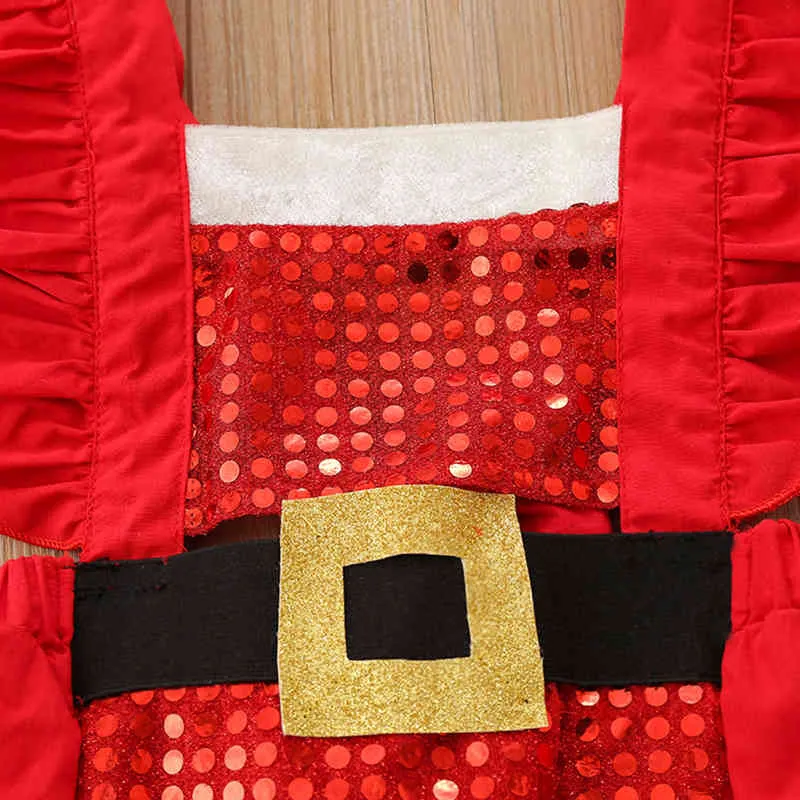 Pasgeboren Kerst Playsuit Peuter Baby Meisjes Tie-Up Ruche Sequin Fly Sleeve Square Collar Romper Overalls Red G1221