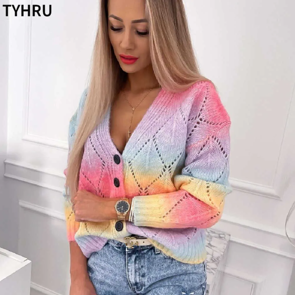 Tyhru Rainbow вязаный кардиган свитер женский сладкий однобортный вырезные свитера длинные рукава конфеты случайные кардиганы 210914