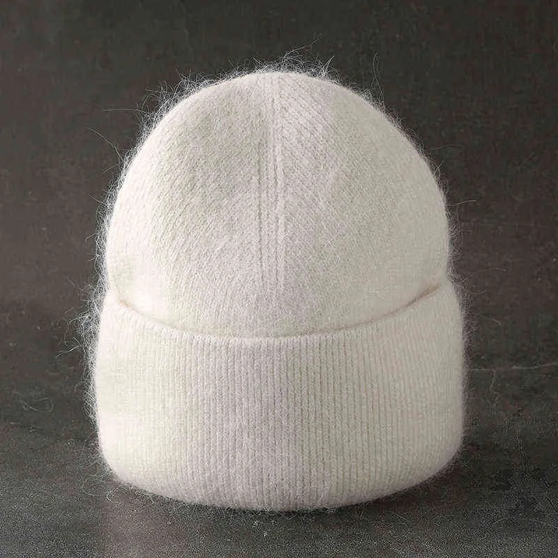 Mode Winter Hut Für Frauen Einfarbig Echt Kaninchen Fell Mützen Frau Stricken Bonnet Weibliche Warme Skullies 211119