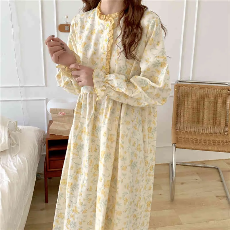 Casual Homewear elegante nightdress de algodão de algodão nightwear retro doce moda macia casa pijama 210525