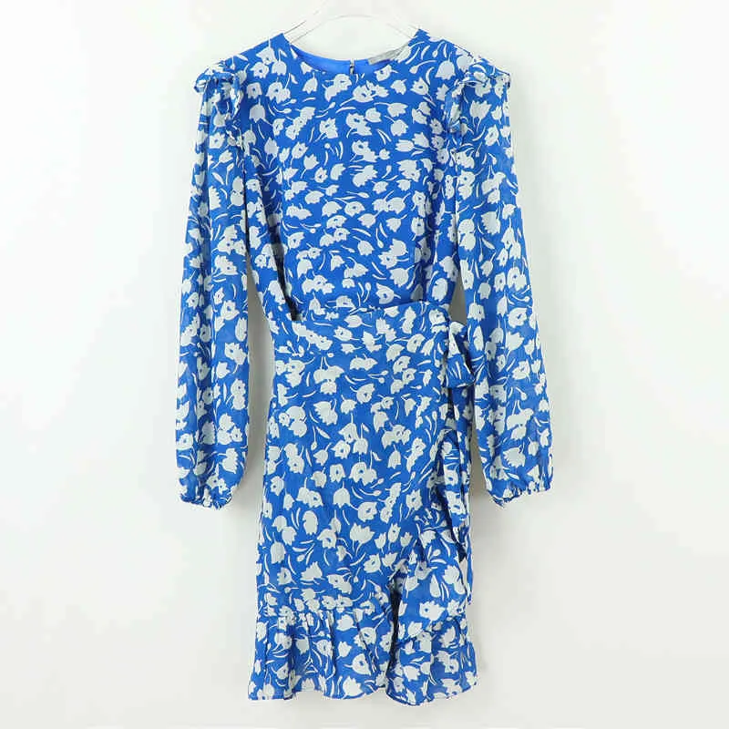 Robe haute qualité Vintage bleu imprimé fleuri O cou robe femmes vacances à manches longues France vestidos 210520