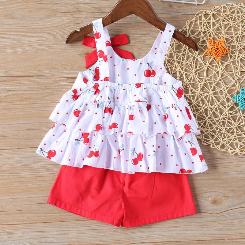 2-6t zomer kinderkleding meisjes boog kleur polka dot cherry top + shorts 2 stks kleding sets 210528