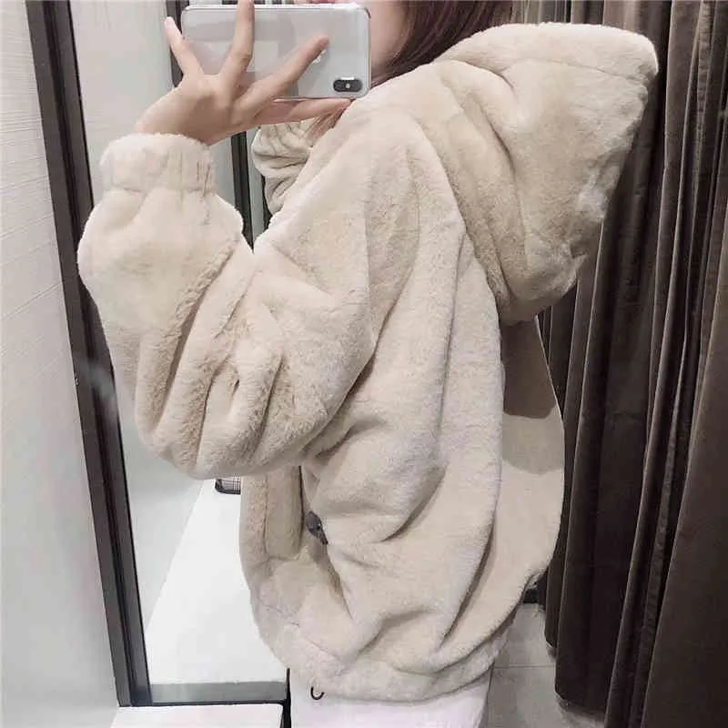 Causal Women Solid Faux Fur Hoodies Winter Fashion Ladies Hooded Loose Tops Streetwear Chic Female Soft Warm Thick 210427