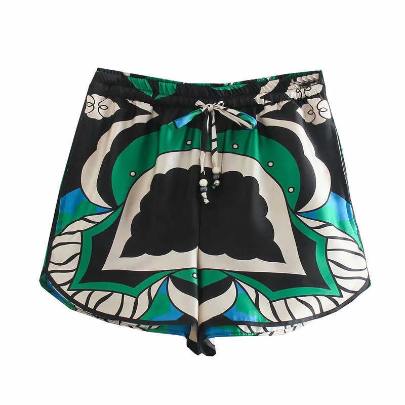 TRAF Za Bermuda Shorts Femme D'été Vert Imprimer Taille Haute Pantalon Court Femmes Vintage Lâche Casual Streetwear Ensembles 210719