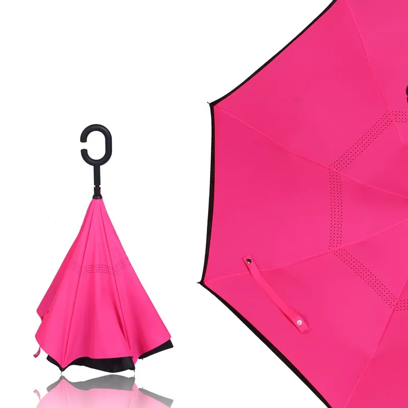 Winddichte omgekeerde opklapbare dubbele laag omgekeerde paraplu zelfstandaard binnenzijde regenbescherming C-haak handen
