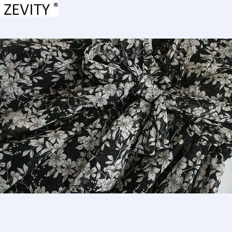 Zevity femmes Vintage col en V plis manches bouffantes imprimé fleuri ceintures Mini robe Femme ligne dorée Vestido chemise robes DS4829 210603