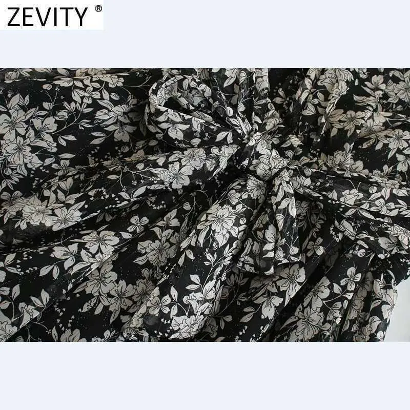 Zevity المرأة خمر الخامس الرقبة الطيات نفخة الأكمام الأزهار طباعة الزنانير البسيطة اللباس فام الذهبي خط vestido قميص فساتين DS4829 210603
