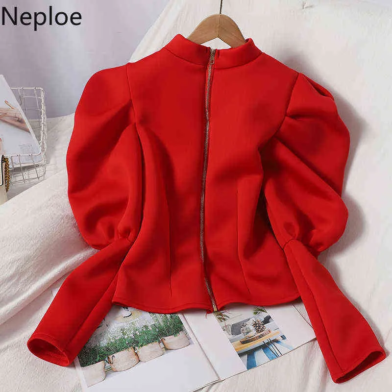 Nepeoe Bluza Spadek Ubrania Kobiety Moda Bluzy Puff Rękaw Zipper Bluza Koszula Koreański Vintage Winter Woman Cropped Tops 211109