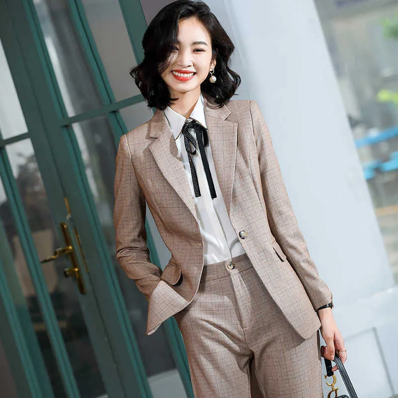 High-quality professional women's pants suit plus size temperament slim female jacket Two-piece check trousers 210527