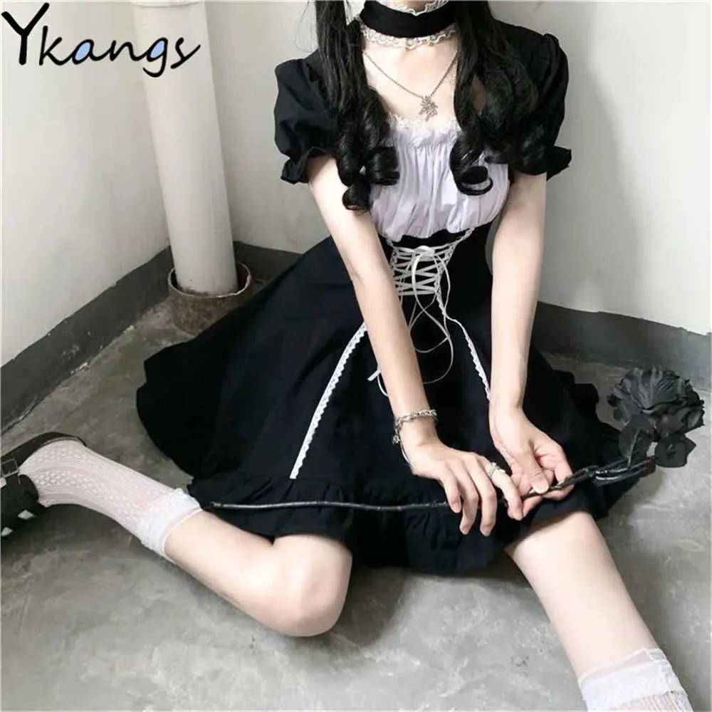 Japansk lolita gotisk puffhylsa klänning flicka lapptäcke kawaii snörning miniklänning vintage kläder sommarklänningar kvinnor 210619