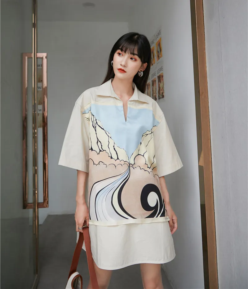 Peinture Col Lâche Robe Femmes D'été Mini Chemise Avec Fente À Manches Courtes Designer Jaune Mode Coréenne 210427