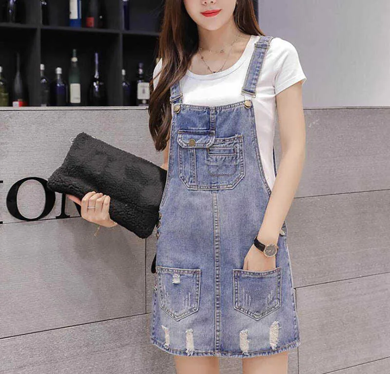 Metal Buckle Adjustable Strap Jeans Dress Korean A-line Loose Denim Short Pockets Sundress Casual Overalls es 210604