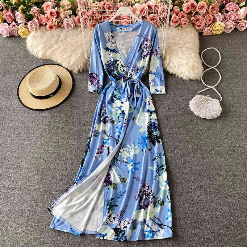 Summer Style Slim Maxi Vestidos Kvinnors Split Wrap Kjol Temperament V-Neck Slips Midja Tryckt One-Piece Dress C654 210506