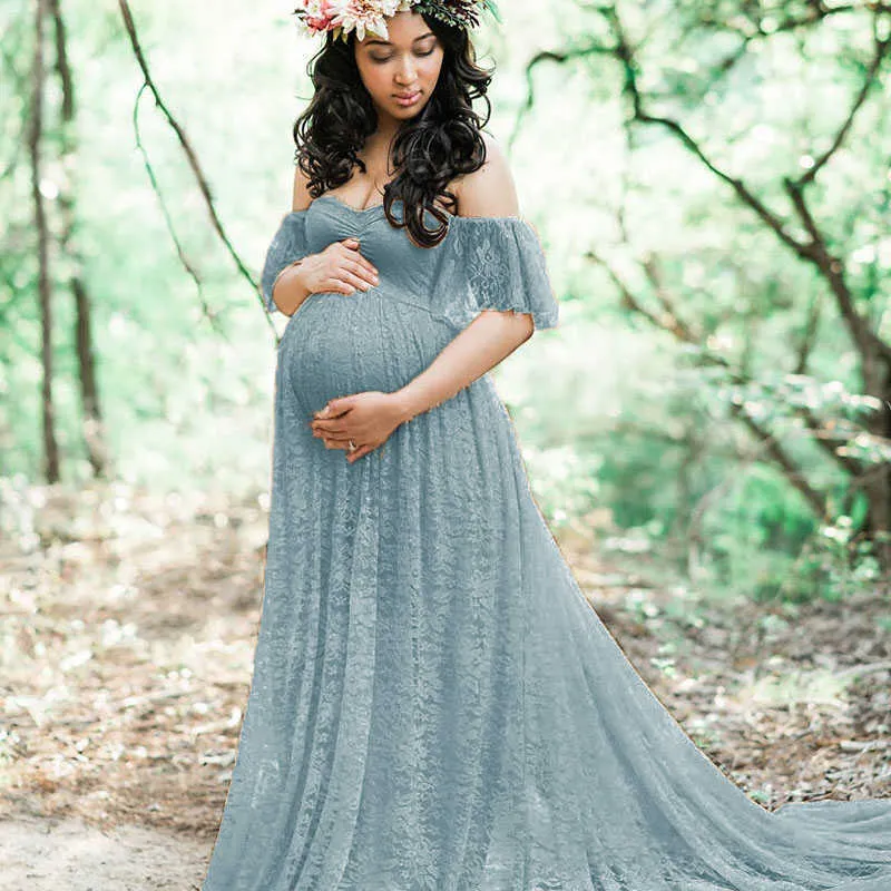 Elegancka Koronkowa Sukienka Macierzyńska Fotografia Długie Sukienki Maxi Dla Kobiet w ciąży Ubrania Ruffles Ciąża Sukienka dla fotografii Shoot Y0924