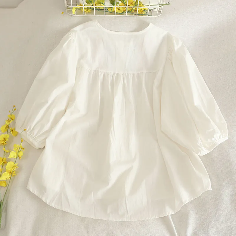 Кимутомо блузки женские ретро китайский стиль вышивка сплошной цвет свободная рубашка женские летние одиночные грубые вершины 210521