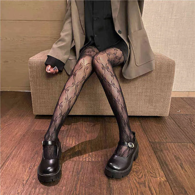Sexy Girl Mesh Tights Hollow Item Letter Classic Silk Stockings Women Girls Black White Bow Stockings Pantyhose Female Tights Y1119
