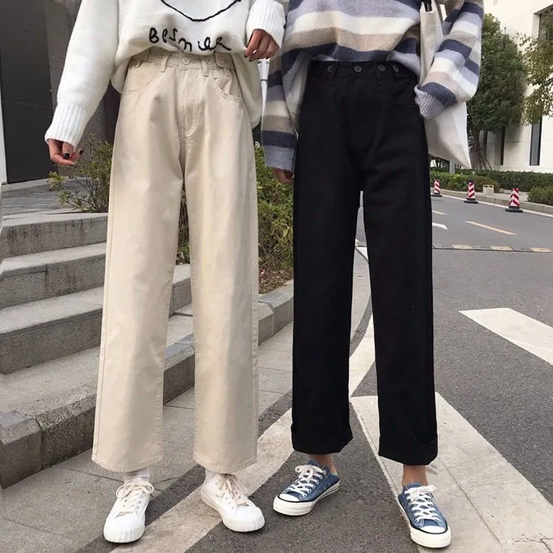 Koreanische Frauen Retro Breite Bein Jeans Gerade Weiß Schwarz Rosa Hosen Hohe Taille Mom Jeans Plus Größe Streetwear Denim Hosen