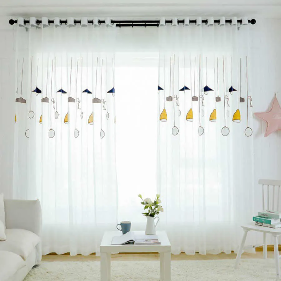 High Grade Towel Embroidered Yellow Chandelier Window Curtain Tulle For Living Room Korean Simple Sheer Children Bedroom MY124-5 210712