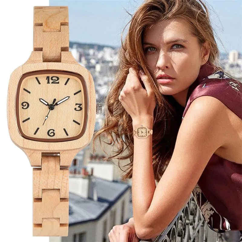 Pure Maple Wood Women's Watch Fashion Square Dial Elegant Wood Bangle For Lady Hidden Clasp Reloj Femenino armbandsur265e