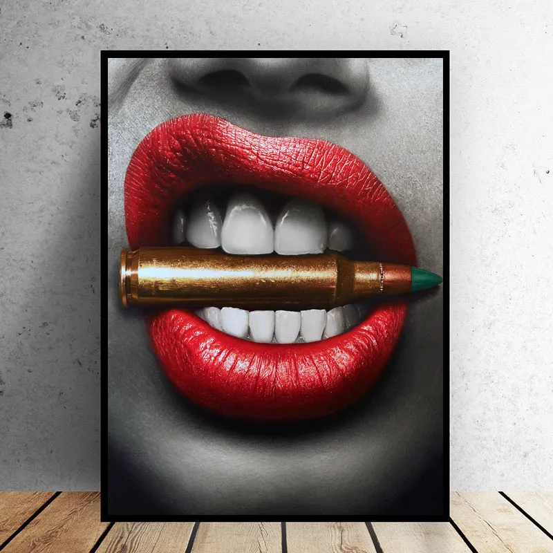 壁アートセクシーな赤い唇咬弾丸とお金現代キャンバス絵画リビングルームのポスタープリント家の装飾