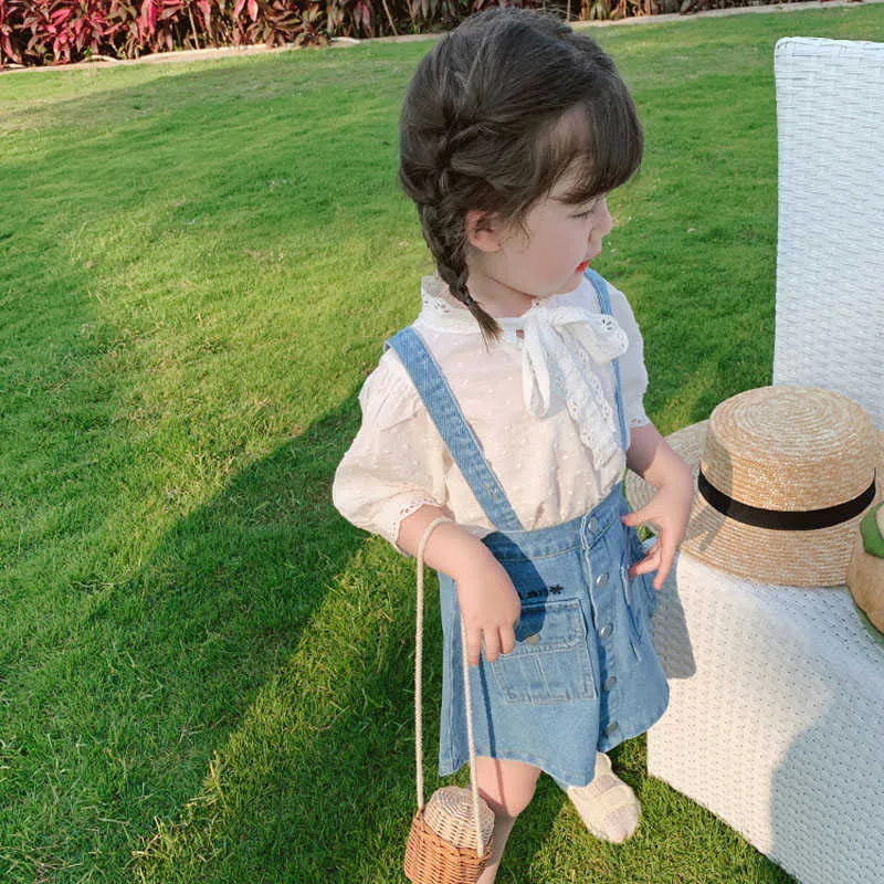 어린이 의류 여름 소녀 한국 레이스 셔츠와 데님 스트랩 치마 2 조각 정장 210625