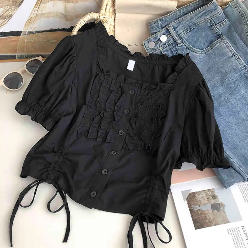 Kimutomo Chic Ruffles Bluzka Kobiety Kwadratowy Kołnierz Krótkie Rękawy Puffowe Lace Up Koszula Kobiety Lato Koreański Cienki Top Elegancki 210521