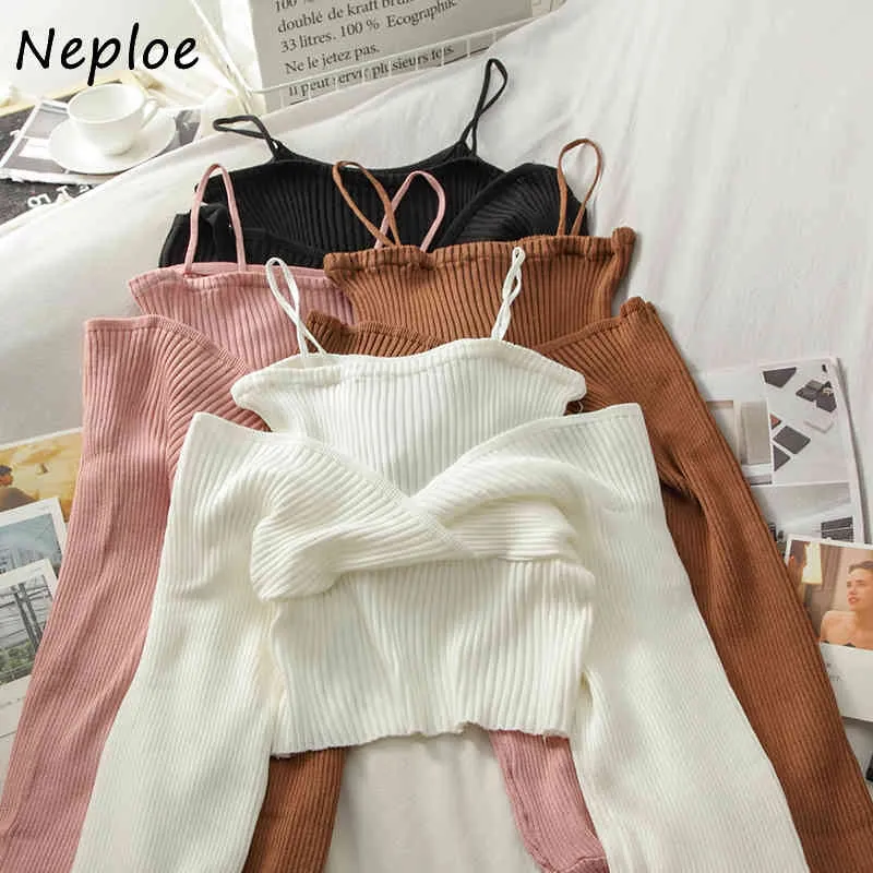 Neploe Fashion Fake Patchwork Knit Camis Sweater Women Pullover Long Sleeve Shoulder Strapless Pull Femme Spring Sueter 210423