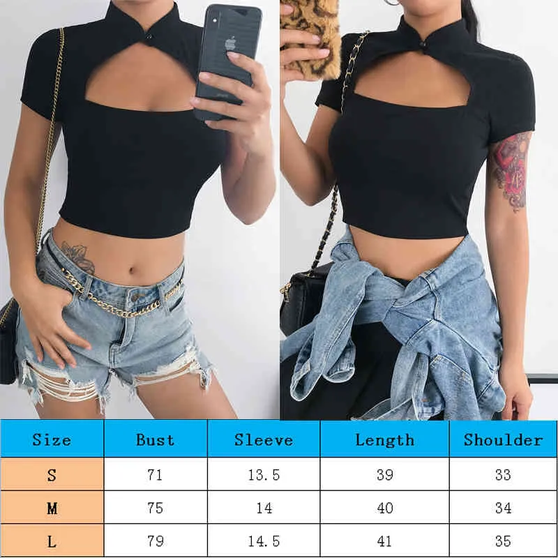 Kadın T-shirt Satış Çin Standı Yaka Kısa Kollu Seksi Bayanlar Kırpılmış Moda Slim Fit Boşluk Yaz Clubwear 210522