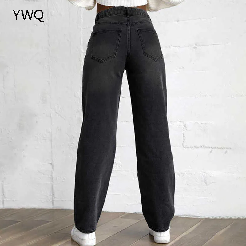 Cargo-Hosen Frauen Jeans Frau Hohe Taille Stretch Jeans Schwarz Zerrissene Gerade Bein Hosen Mom Freund Kausalen Baggy Hosen 210730