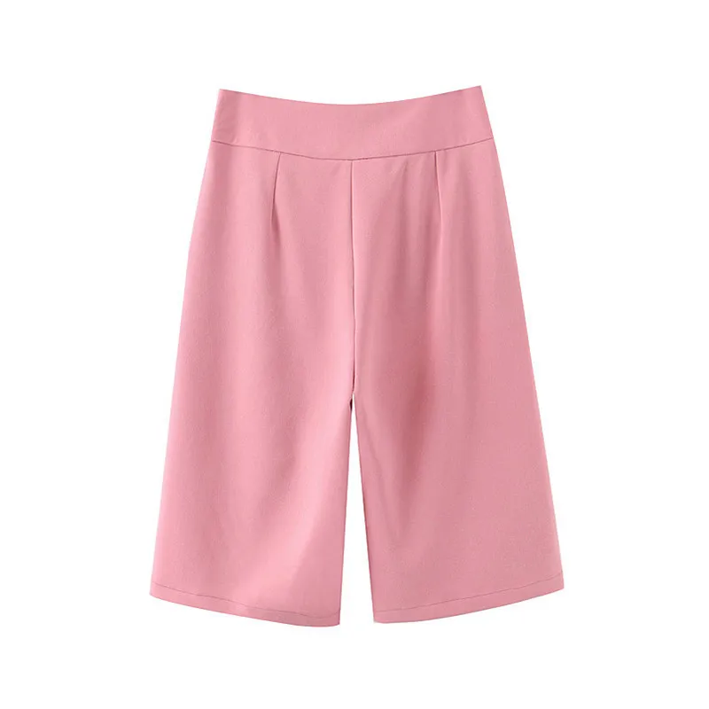 Ropa de oficina elegante para Mujer, pantalones rectos hasta la rodilla, dulce cintura alta, cremallera, bolsillo lateral, pantalones femeninos, rosa, 210430