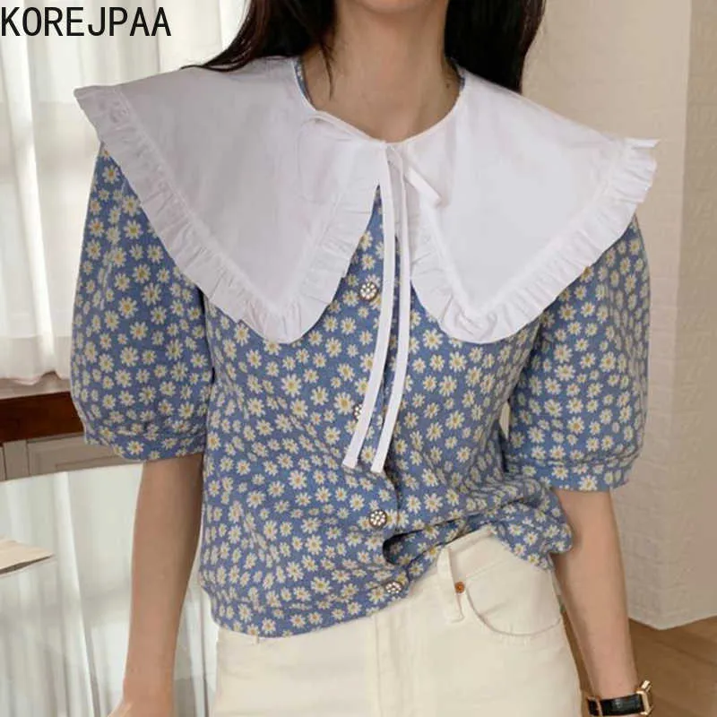 Korejpaa Dames Blouses Korea Chic Afneembare Pop Collar Contrast Lace-Up Single-Breasted Daisy Bubble Sleeve Shirt Vrouw 210526