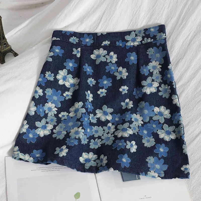 KIMUTOMO Elegante Denim Rok Zomer Floral Print Korean All Matching Hoge Taille A-lijn Mini Rokken Casual Dunne Vrouw 210521