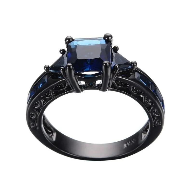 Fedi nuziali Fashion Square Blue Sapphire CZ le donne Accessorio gioielli con anello portafortuna placcato oro nero260s