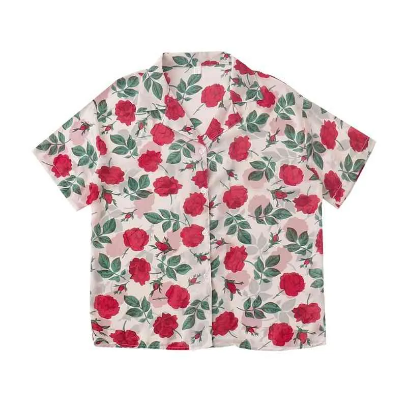 Kimutomo Rose Print Blouse Summer Hong Kong Style Retro Holiday Wind Thin Chiffon Shirt Women Short Sleeve Casual Top 210521