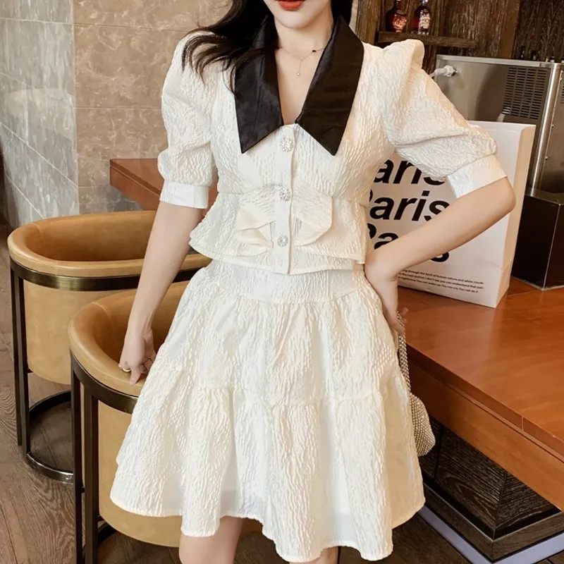 Mode koreanska kvinnor casual kostym puff ärm ruffles singel breasted toppar + solid hög midja en linje kjol två bit kläder 210514