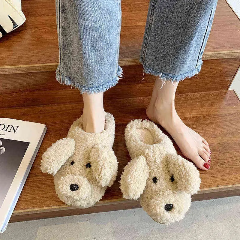 Teddyhond Winter Pluche Slippers 2021Fashion Nieuwe harige Slaapkamer Vrouwen Schoenen Indoor Warm Soft Sole Home Shoes Plus Size 36-41 H1122