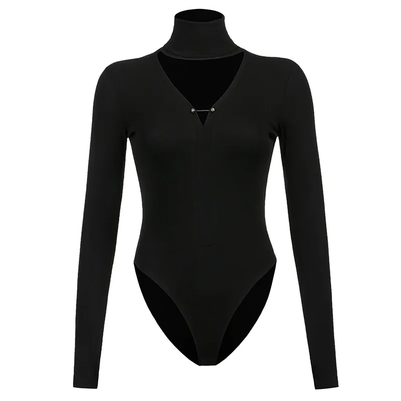 Sexy Stijl Effen Zwart Lange Mouw V-hals Uitsnijding Neck Bodysuit Slanke Bodemtop Springpakken Voor Vrouwen Lente GX387 210421