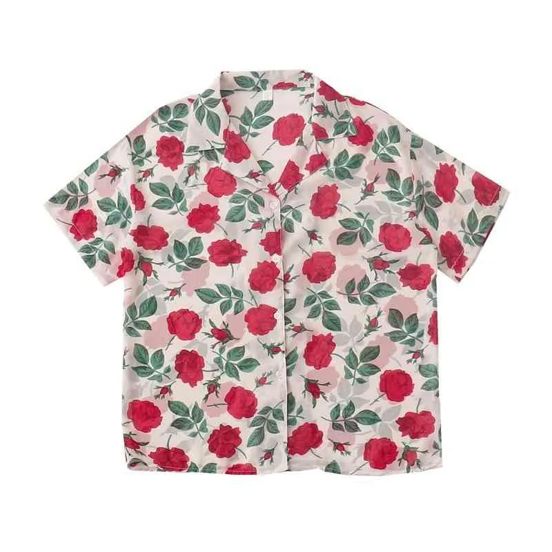 Kimutomo Rose Print Blouse Summer Hong Kong Style Retro Holiday Wind Thin Chiffon Shirt Women Short Sleeve Casual Top 210521