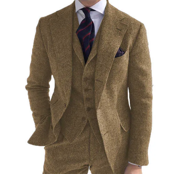 Mens kostymer 3 stycken grön ull Tweed Sillbone Business Retro Classic PatternTuxedos för Wedding Blazer Byxor Vest X0909