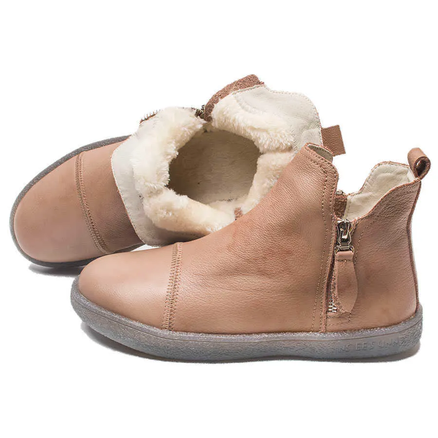 Fujin Genuine couro vaca mulheres tornozelo botas quente lã za bege branco deslizamento em botas super confortáveis ​​outono sapatos de inverno y0914