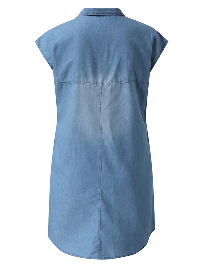 Women Dress Denim Short Regular Sleeve Button Decorated Loose Solid Color High Waist Turn-down Collar Mini Clothes 210522