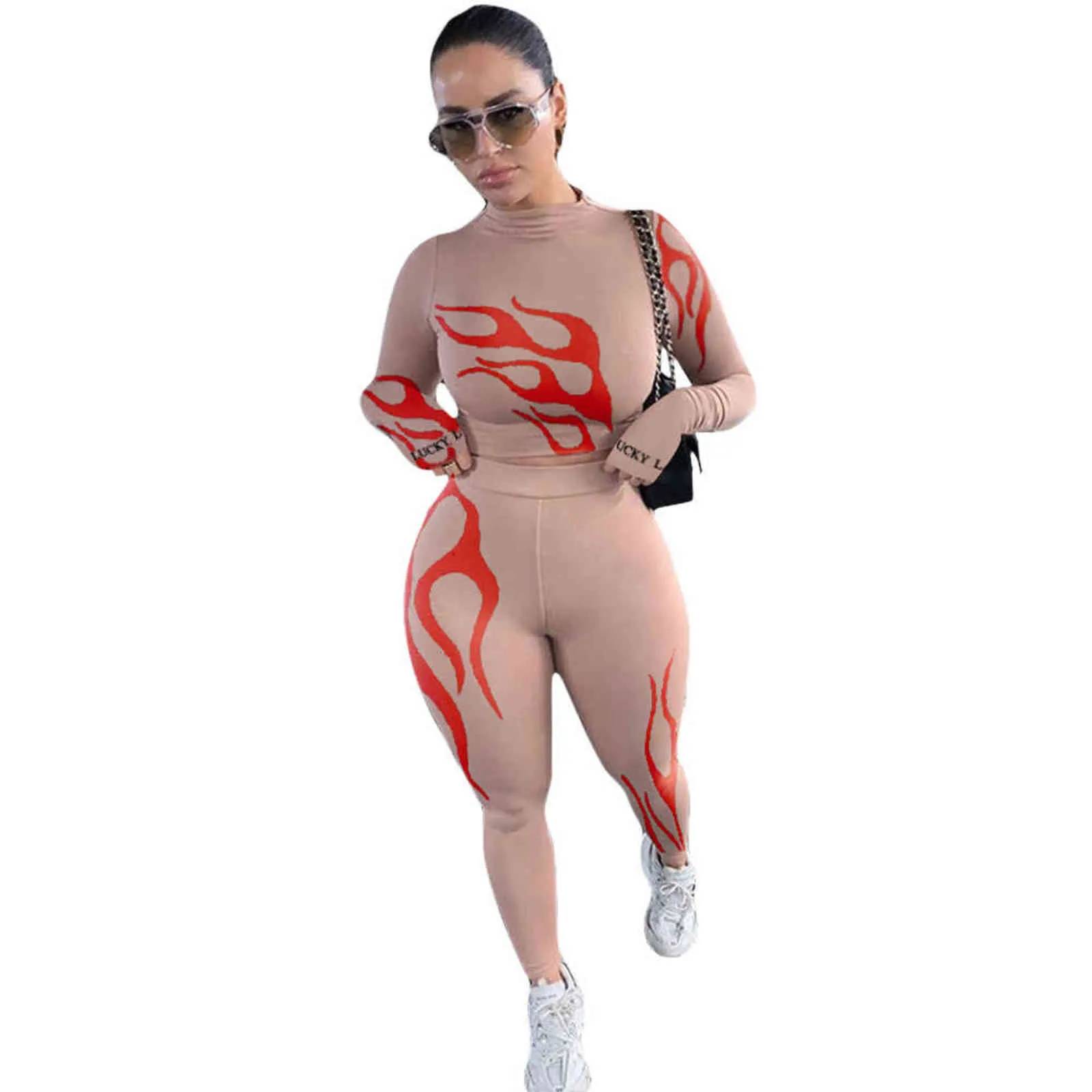 Lucky Label 2 Stuk Set Vrouwen Fire Print Crop Top Lenggins Skinny Outfits Trainingspak Matching Girl Wholesale DropshpPing 211106