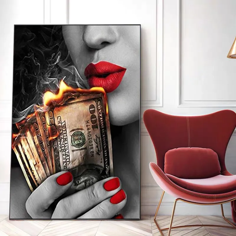 Sexy lábios vermelhos menina fogo dólar dinheiro cartazes e impressões pinturas em tela arte da parede fotos para sala de estar decoração casa quadros no 2386247