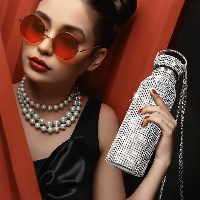 500ml Sparkling Diamond Tumbler Stainless Steel Bling Rhinestone Water Bottle Portable Outdoor Kettle with Lid207g