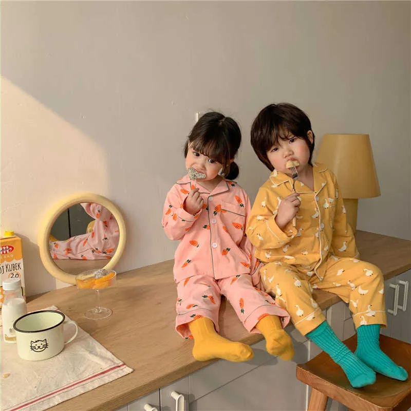 Pigiama ragazzi e ragazze in cotone cartone animato Set Unsiex bambini morbido colletto da notte Indumenti da notte Abbigliamento da notte bambini 2 pezzi set 210615